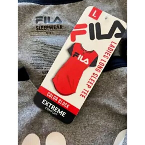 Fila L Gray Heather-Navy Logo Split Neckline Curved Hem Short Sleeve Sleep Tee - Picture 6 of 6